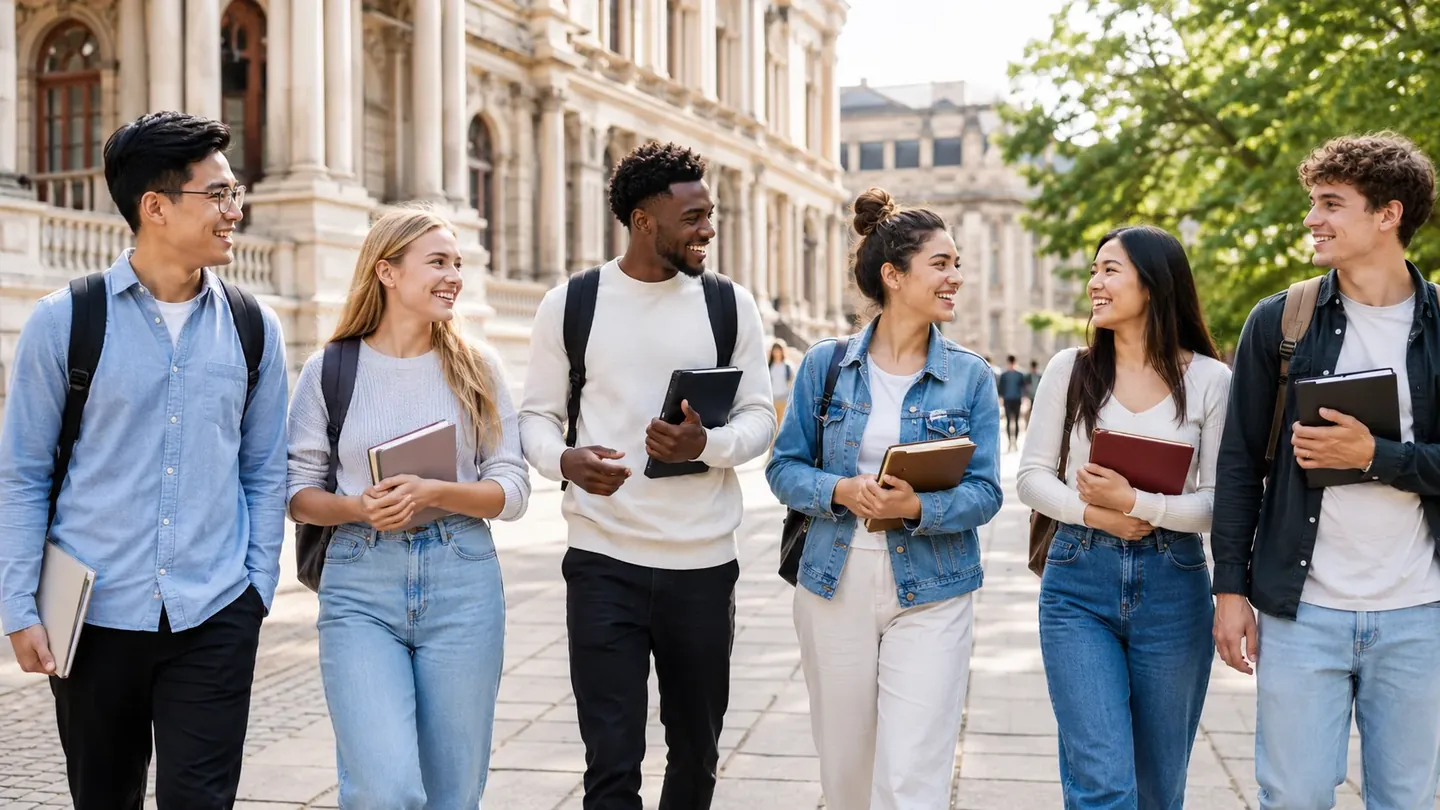 International students walking together on a university campus