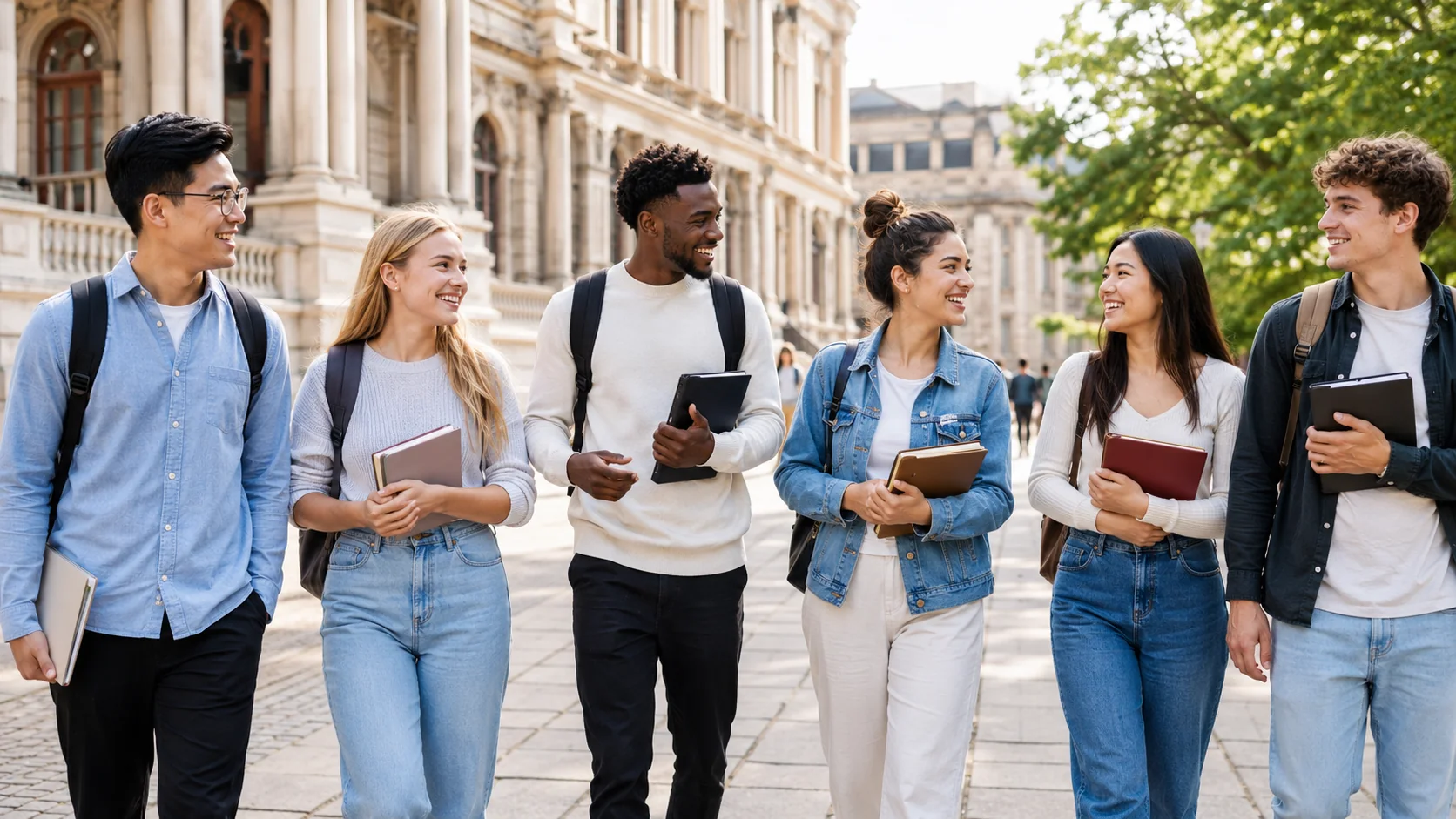 International students walking together on a university campus